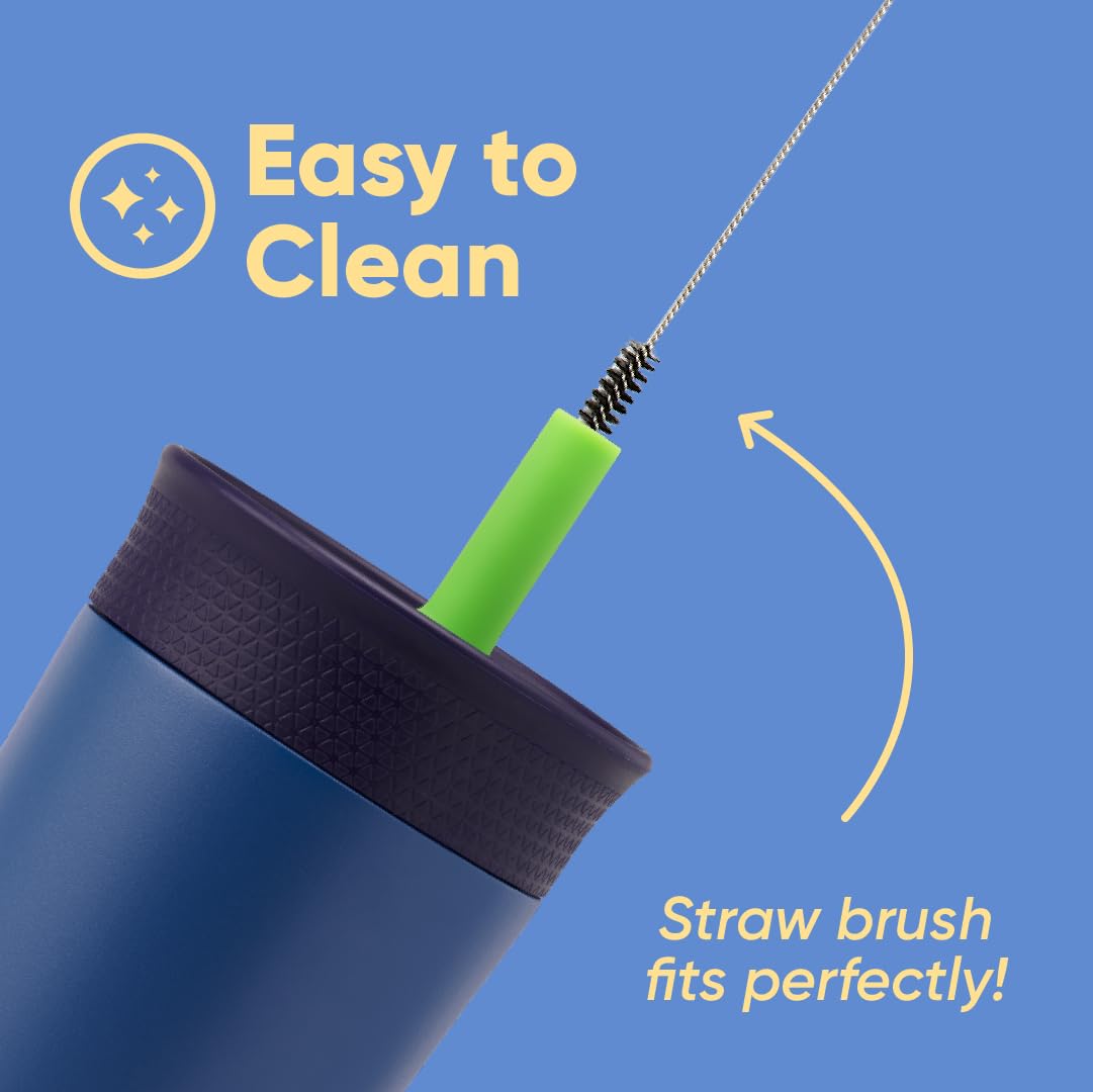 Owala Kinder-Isolierbecher aus Edelstahl mit auslaufsicherem, flexiblem Strohhalm, leicht zu reinigen, Kinder-Trinkflasche, ideal für Reisen, spülmaschinenfest, 355 ml, Marineblau und Blau (Home Base)