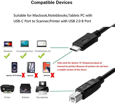 Type C Printer Cable Compatible with MacBook Pro MacBook Air M1 Mac Pro iMac Pro USB C to USB B Printer Scanner Cord for HP Canon Brother Epson Samsung Pantum 6.6 Feet