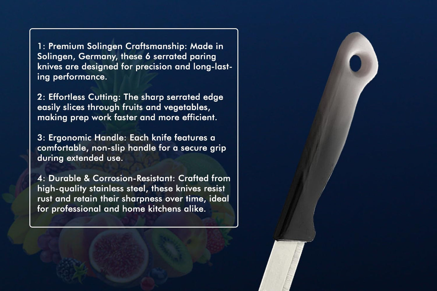 SMI 6-teiliges Schälmesser-Set, gezahnt, Solingen, Deutschland, Gemüsemesser, Obstmesser, Küchenmesser, flexibel, mehrfarbig