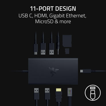 Razer USB-C Dock 11-Port Reise-Ladestation für Windows Mac Laptop, iPad, Surface, Chromebook und Galaxy Tab: USB-C, HDMI, Ethernet, microSD – 4K-Display mit 60 Hz – 85-W-Schnellladefunktion für Tablets und Mobilgeräte