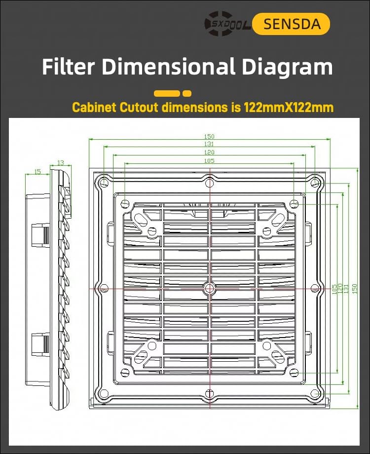 SXDOOL #803 Black 150x150mm Ventilator Filter Kit for Enclosure Cabinets, 120mm x 38mm AC/EC Fan, 115V/230V, Dustproof and Waterproof