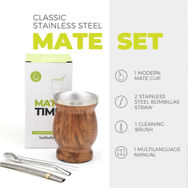 BALIBETOV Edelstahl-Doppelwand-Mate-Becher- und Bombilla-Set – Yerba-Mate-Set beinhaltet einen Yerba-Mate-Becher, 2 Bombillas Mate (Strohhalm) und eine Bürste – leicht zu reinigen (Holz)