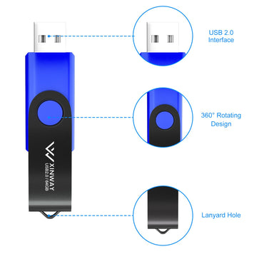 XINWAY 64GB USB 2.0 Flash Drives Thumb Drive Memory Stick Jump Drive Swivel Design, (2 Pack Tow Colors: Black Blue)