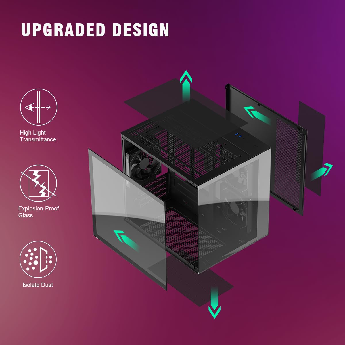 RUIX OV502 M-ATX Mini-Tower PC Case, Pre-Installed 3 x 120mm Prism ARGB PWM Fans, 180° Panoramic Tempered Glass Panel, USB 3.0 Ports, Compact High-Airflow Gaming Computer Case - Black