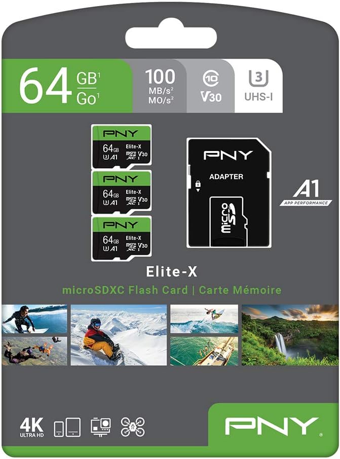 PNY 64 GB Elite-X Class 10 U3 V30 microSDXC-Speicherkarte, 3 Stück (1 Packung) – 100 MB/s, Klasse 10, U3, V30, A1, 4K UHD, Full HD, UHS-I, Micro SD