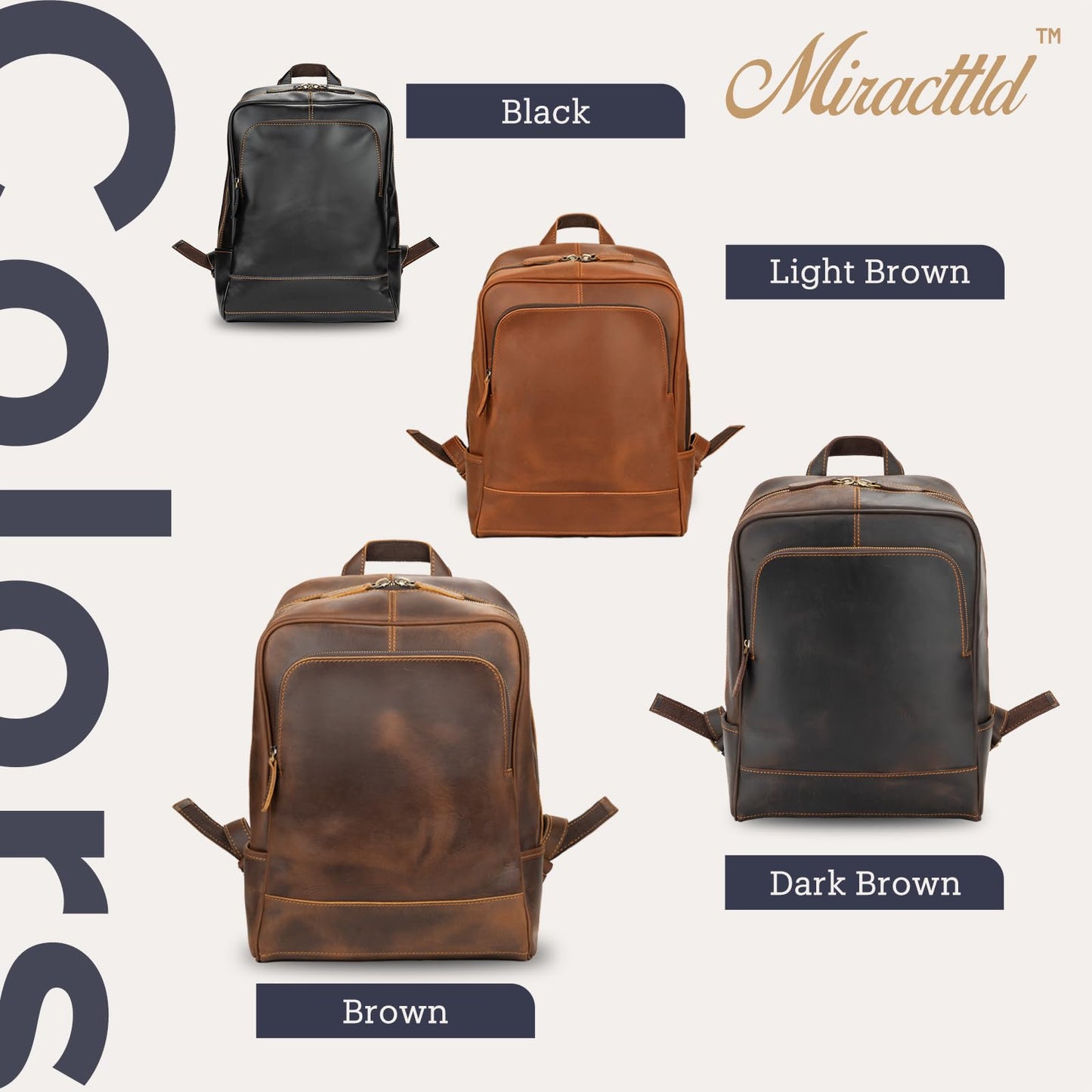 Miracttld Leather Backpack for Men 15.6" Laptop Backpack 100% Madagascar top-Grain Leather Backpack Brown Medium Size