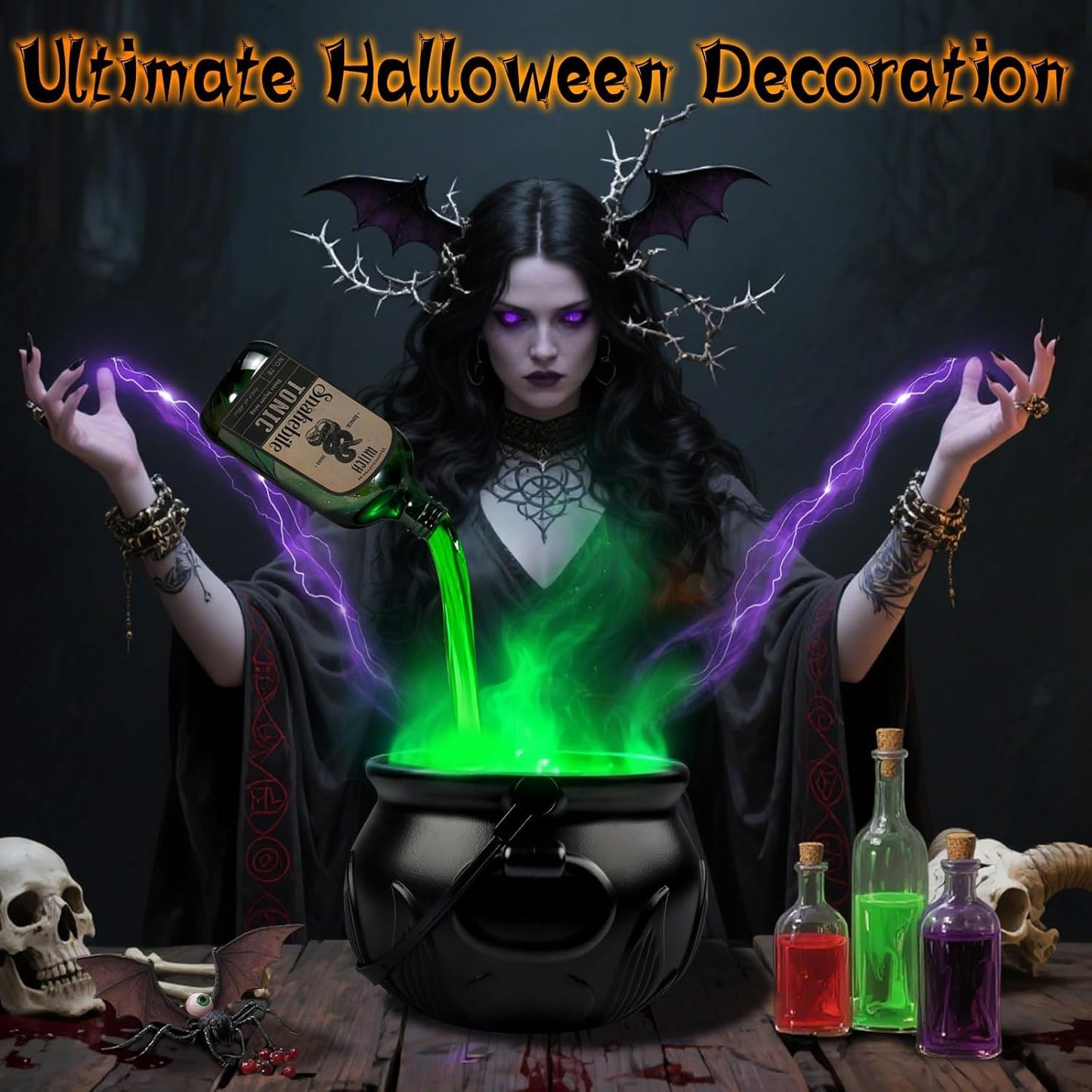 Nollapo Halloween 10” Floating Potion Cauldron Set with Mist Maker - DIY Spooky Witch Cauldron Décor with 9 Colorant Bottles (10")