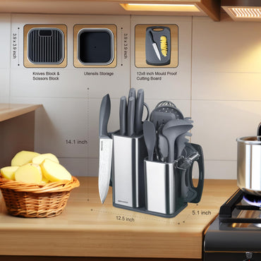 RAXCO Kochutensilien-Set, 18-teilig, Messer und Küchenhelfer mit Damastmuster, integrierte Aufbewahrung, Grau