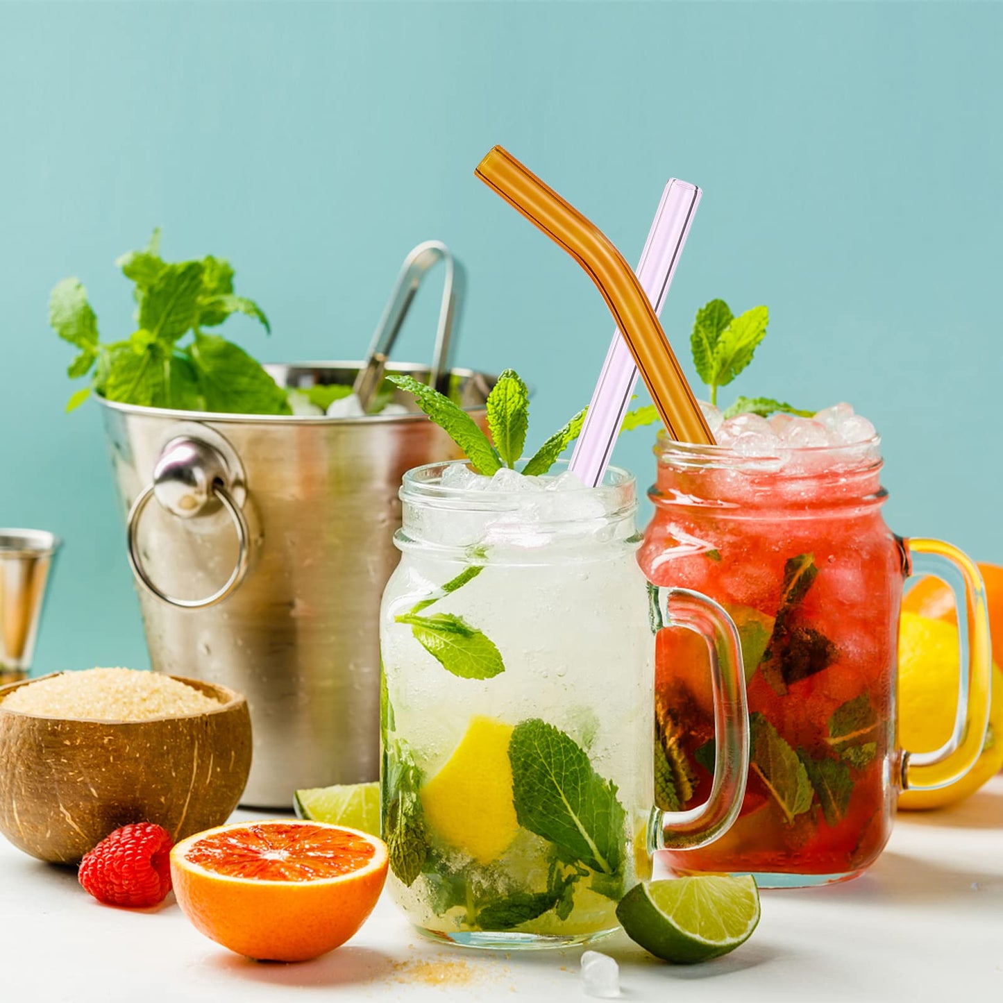 RENYIH 10 wiederverwendbare Glas-Smoothie-Strohhalme, 9'' x 12 mm Glas-Trinkhalme für Milchshakes, Tee, Saft, Set mit 5 geraden und 5 gebogenen Strohhalmen mit 2 Reinigungsbürsten - Spülmaschinenfest (Bunt)