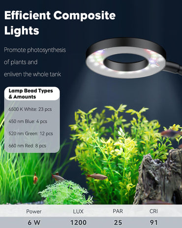 Pawfly 6 W LED-Aquarienleuchte für 1 bis 5 Gallonen Aquarien, Clip-On-Aquarienleuchte, USB-betriebene Aquariumlampe mit Vollspektrum, dimmbare weiße, blaue, rote und grüne Lichter mit Timer (Adapter nicht im Lieferumfang enthalten)