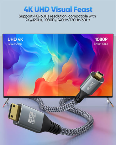 ZeniKon 4K Micro HDMI to Mini HDMI Cable 3.3FT for Raspberry Pi 5/4 Camera to Portable Monitor, High Speed Mini HDMI Type C Male to Micro HDMI Type D Male Cable Braided Cord 4K@60Hz, 2K, 1080P, 3D
