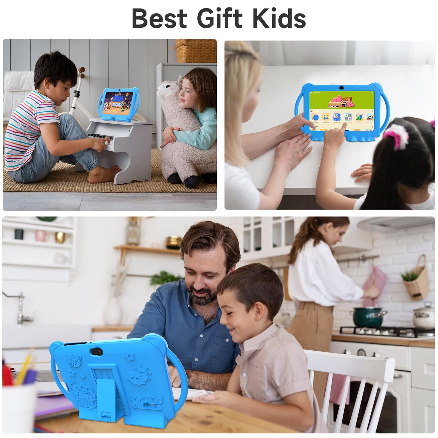 PEICHENG Kinder-Tablet 7 Zoll Android 12.0 für Kleinkinder, 4 GB RAM 32 GB ROM Bluetooth IPS-Bildschirm Kindersicherung Dual-Kamera Stoßfestes Gehäuse für Lernspiele, (Blau)