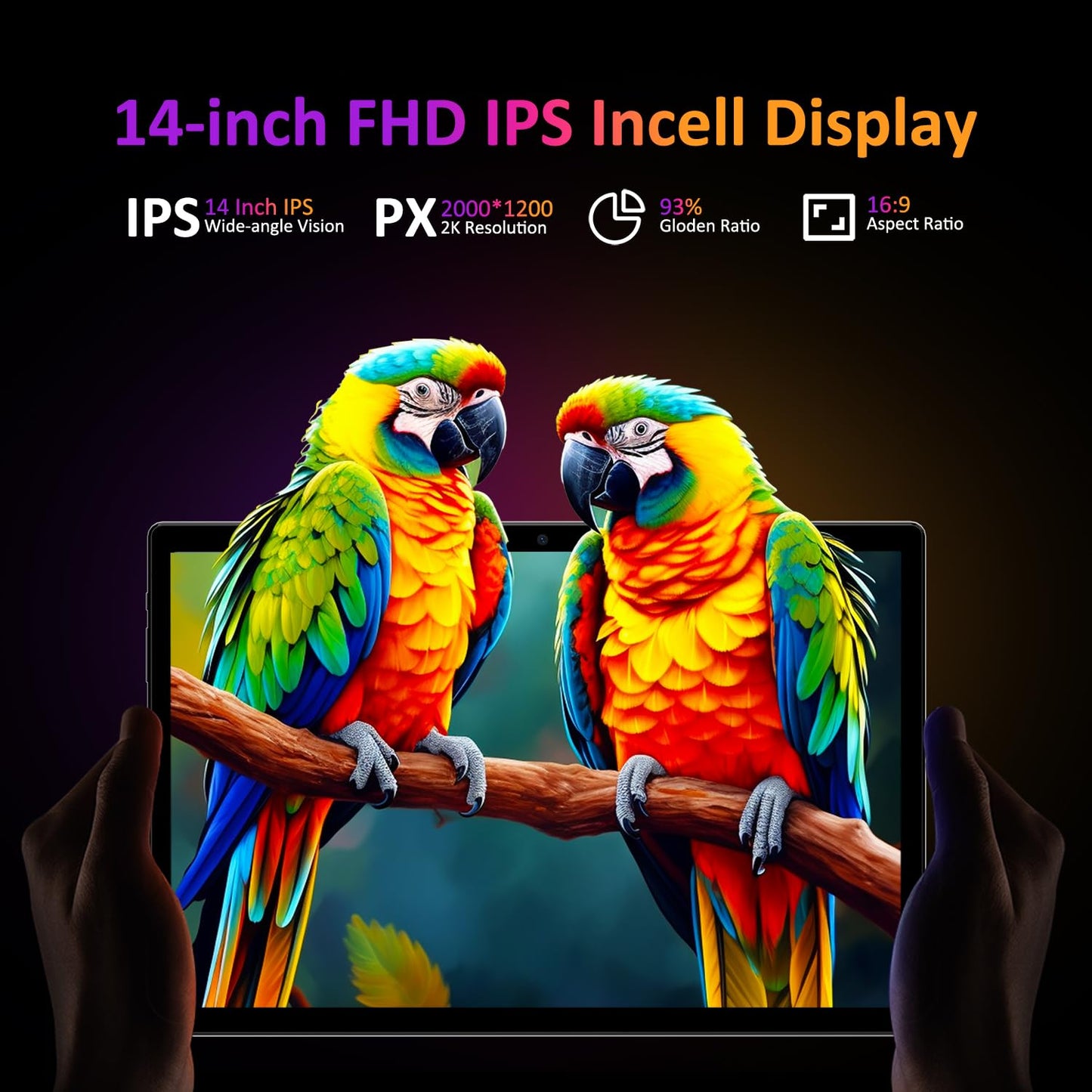 POWMUS Tablets 2025, 14 Zoll, Android 14, 36 GB RAM, 256 GB Speicher (erweiterbar auf 1 TB), 2K-Display, 8-Kern-Prozessor, 11580 mAh Akku, 4 Lautsprecher, 5-GHz-WLAN, inklusive Stifthülle – Schwarz