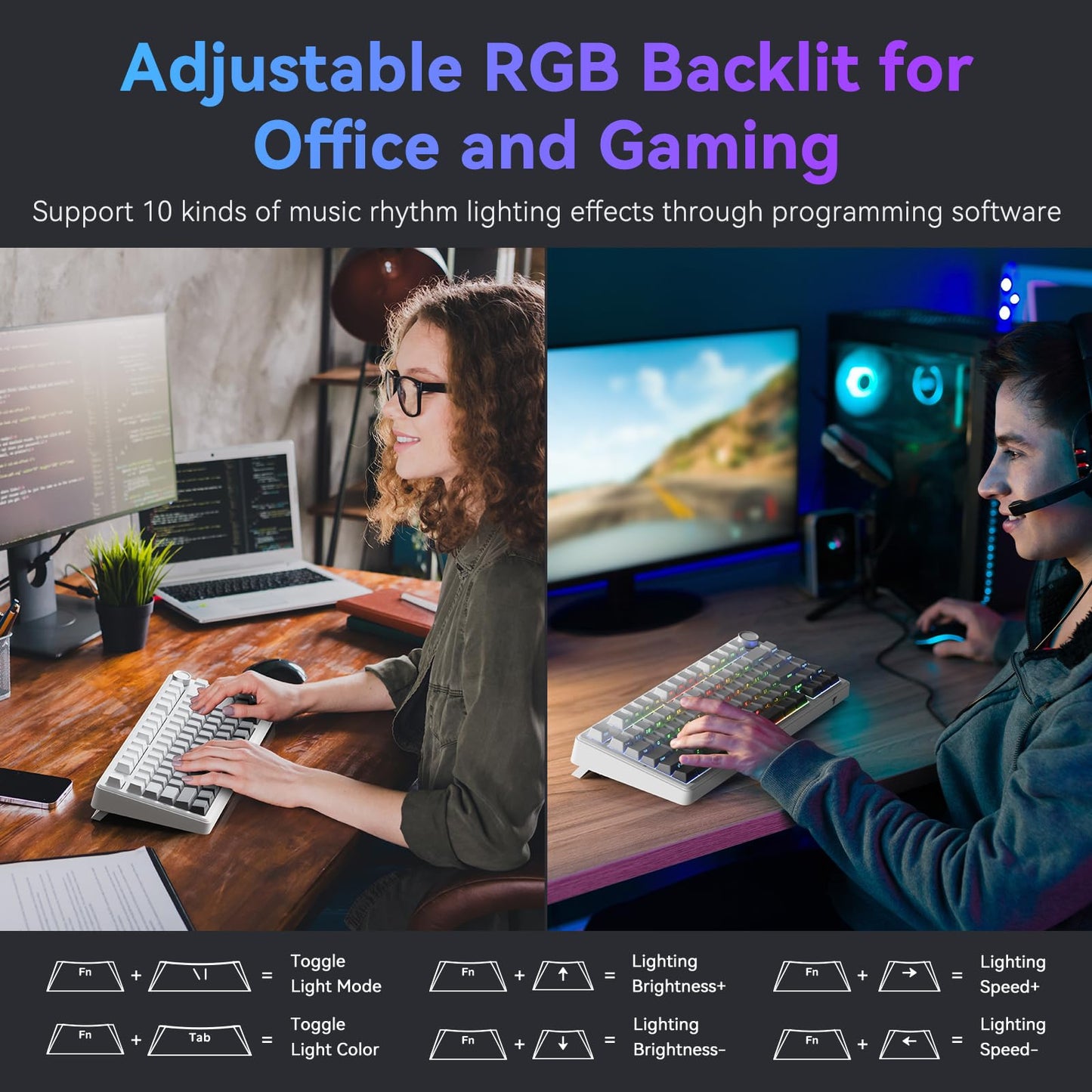 TECURS 75% Mechanische Tastatur für Gaming & Büro, angenehmer Klang, Dichtungsmontage, Hot-Swap-fähige RGB-Hintergrundbeleuchtung, 81 Tasten für Laptop/PC/Mac, 2,4-GHz-/Bluetooth-/Kabelbetrieb, Farbverlauf Grau