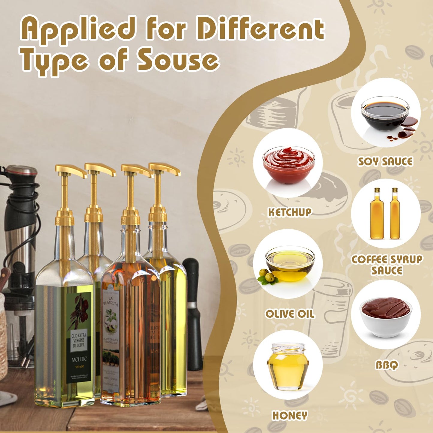 Neosoge Siruppumpen-Spender für Kaffeesirup, 4er-Pack Siruppumpen für 750-ml-Sirupflaschen, goldene Pumpen für Kaffeesirupflaschen, kompatibel mit Torani, DaVinci und Jordans Skinny 750-ml-Sirupflaschen (Gold)