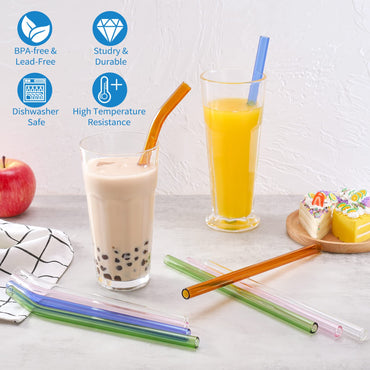 RENYIH 10 wiederverwendbare Glas-Smoothie-Strohhalme, 9'' x 12 mm Glas-Trinkhalme für Milchshakes, Tee, Saft, Set mit 5 geraden und 5 gebogenen Strohhalmen mit 2 Reinigungsbürsten - Spülmaschinenfest (Bunt)