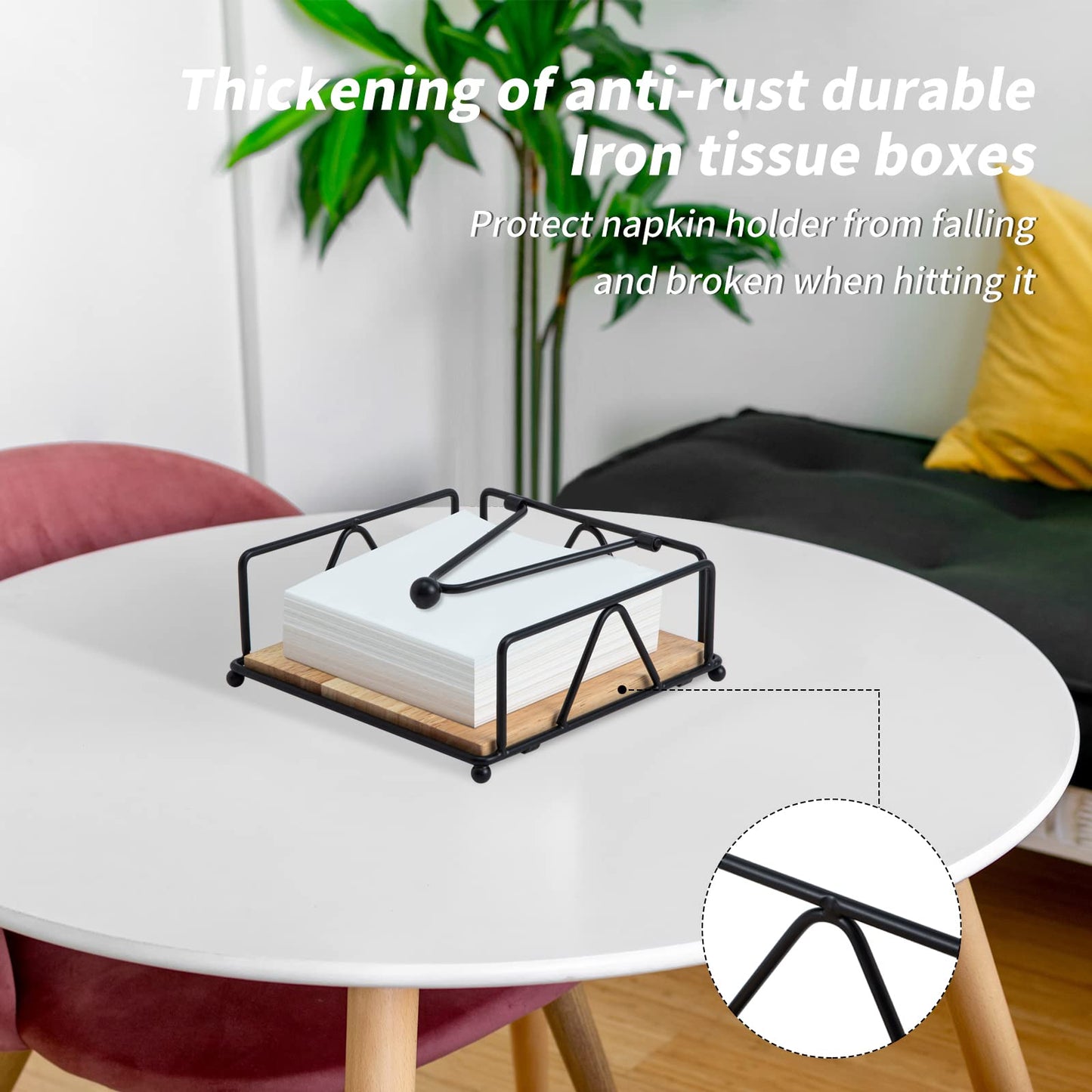 Square Napkin Holder - Durable Table Napkin Dispenser with Weighted Arm, Metal Napkin Storage with Wooden Base, Farmhouse Napkin Holder for Table, Kitchen and Countertops (Black)