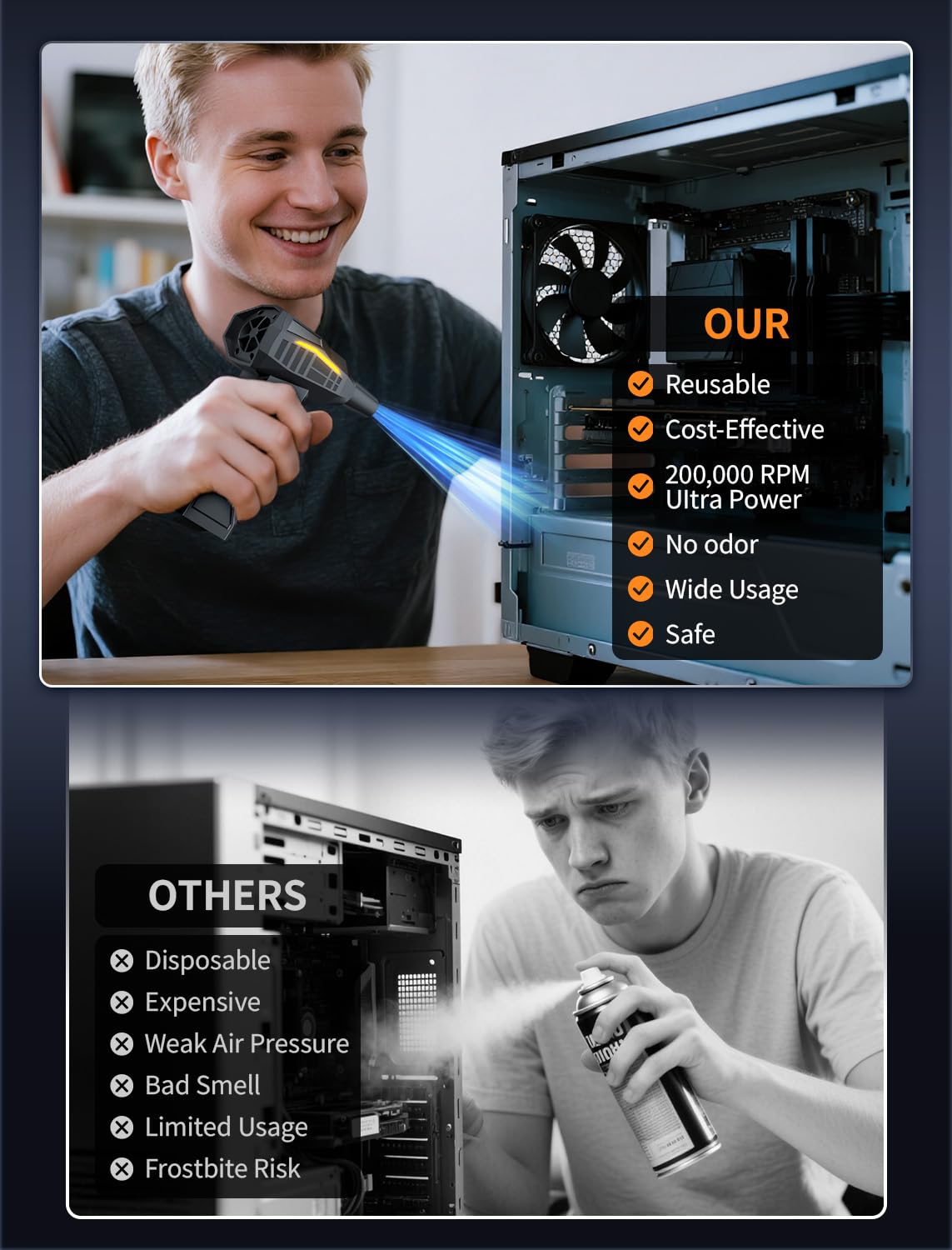 RUNLANE Compressed Air Duster, 200000RPM Electric Air Duster with Light, 4-Gear Adjustable Cordless Dust Blower for Computer, Keyboard, Outdoor, Home and Car (FB09-Black)