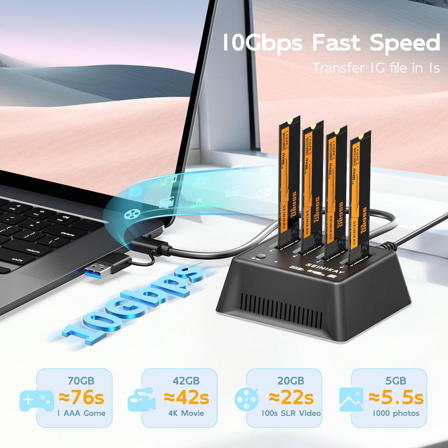 SEINIKAY M.2 Dock with Fan for NVME SATA SSD, Tool-Free 4 Bay NVMe Reader with Indicator Light, 10Gbps Speed(No Clone Function)