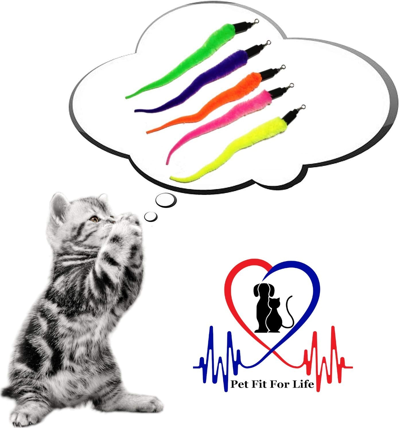 Pet Fit For Life Cat Wand Toy: 5-Piece Worm Teaser & Exerciser - Durable Flirt Pole/Cat Teaser Toy - Interactive Fun for Feline Fitness