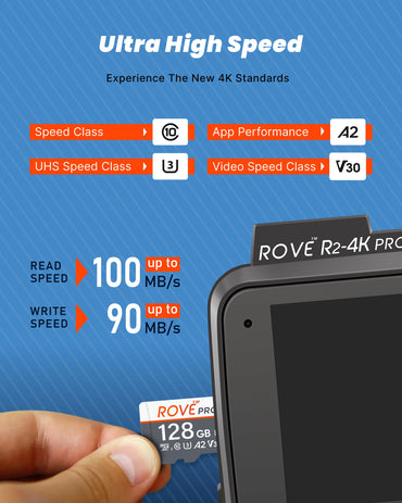 ROVE PRO Micro SD Card microSDXC 128GB Memory Card with Full-Size SD Adapter 100MB/s Read Speed, C10, U3, V30, 4K, A2 for Dash Cam, Android Smart Phones, Tablets, Games