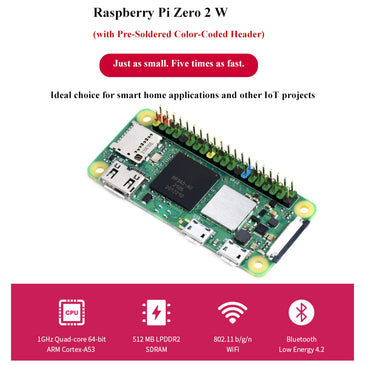 Pi Zero 2 WH with Pre-Soldered Color-Coded Header, Quad-Core 1GHz CPU, 512MB RAM, Wi-Fi & Bluetooth 4.2, Mini HDMI, 40 GPIO, CSI Camera Port