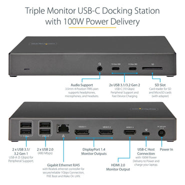 StarTech.com USB C Dock - Triple 4K Monitor USB Type-C Docking Station - 100W Power Delivery - DP 1.4 Alt Mode & DSC, 2X DisplayPort 1.4/HDMI 2.0-6xUSB (2X 10Gbps), SD - Windows/Chrome (DK31C2DHSPD)