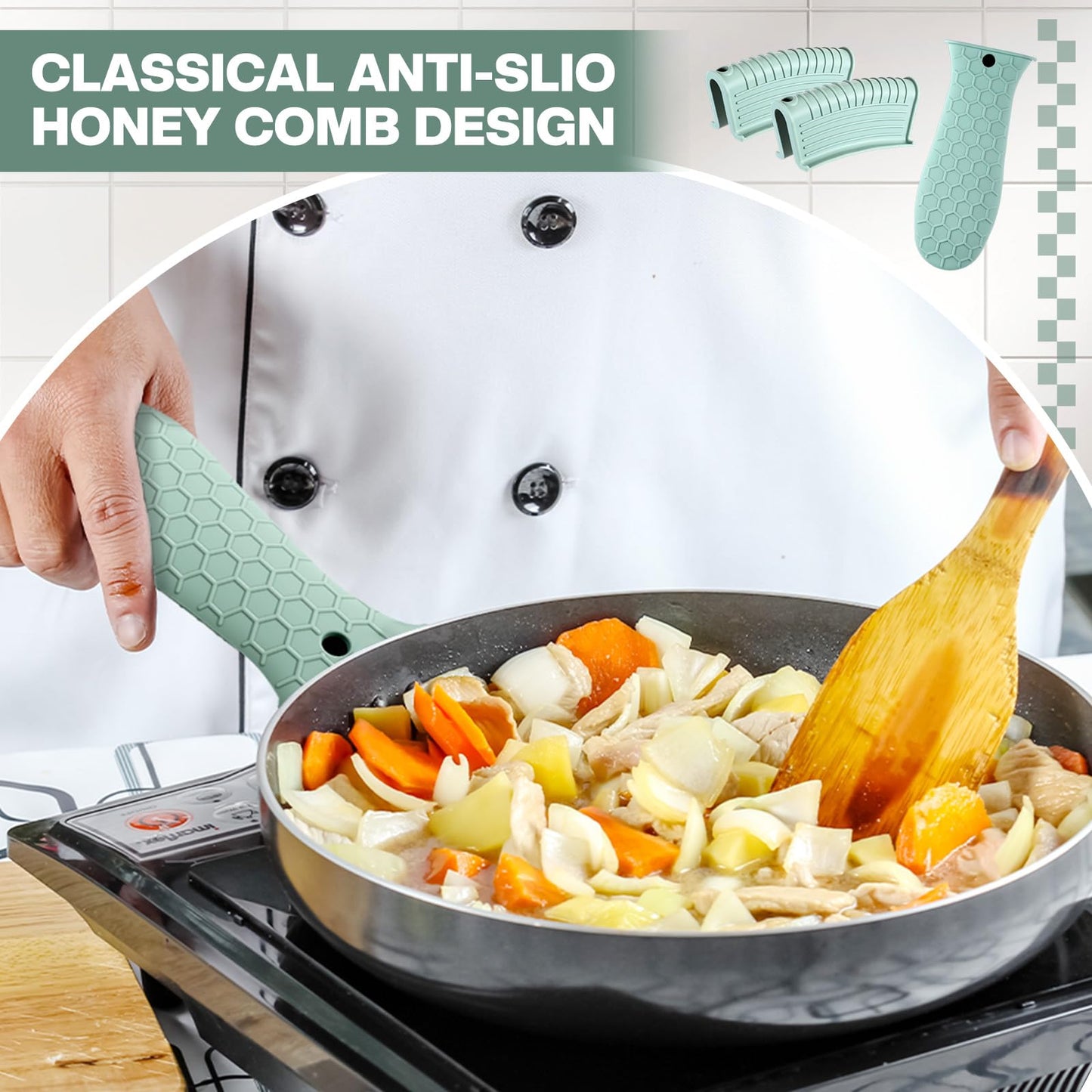 Patelai 8-teiliges Silikon-Topflappen-Set, Griffüberzug für Gusseisen, hitzebeständig, rutschfest, wiederverwendbar, für Bratpfannen, Küchenzubehör (Schwarz)