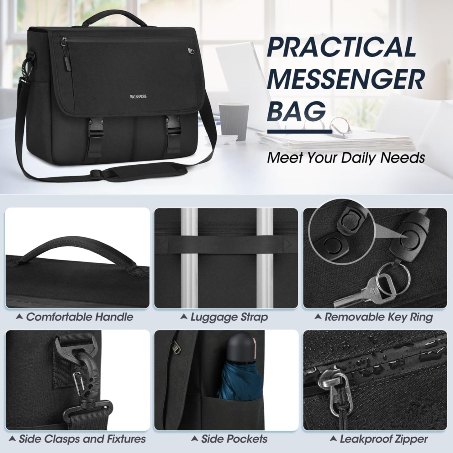 RAINSMORE Messenger Bag für Herren, 15,6 Zoll, wasserabweisend, Laptoptasche, lässige Umhängetasche, große Computertasche für Uni, Büro, Aktentasche, modische Crossbody-Handtasche, Schwarz