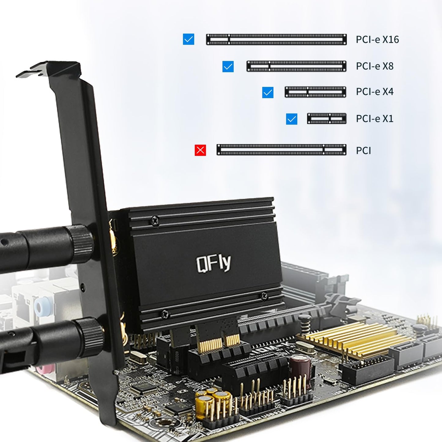 QFly PCIe WiFi 6E Karte, AX210 Netzwerkkartenadapter für PC-Gaming, Bluetooth 5.3, Tri-Band (802.11ax) 5400Mbps 6GHz Wireless LAN Karten mit MU-MIMO, OFDMA, Unterstützt Windows 10/11 (64-Bit)