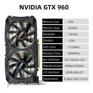 QTHREE GeForce GTX 960 4GB Grafikkarte, GDDR5 128-Bit, DP, HDMI, DVI, Videokarte für PC, Computer-GPU, PCI Express x16
