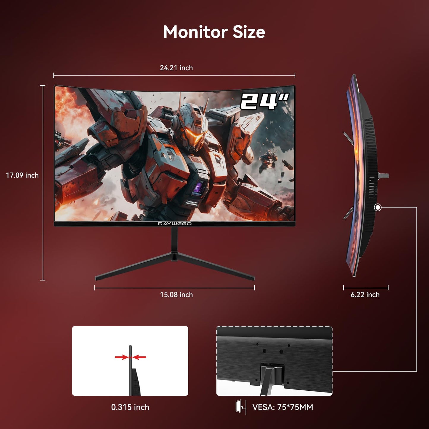 Raywego 24-Zoll-Curved-Monitor, 100 Hz, 1 ms, Gaming-Monitor mit Full-HD-Auflösung (1920 × 1080p), Kontrastverhältnis 3000:1, FreeSync- und Eye-Care-Technologie, HDMI × 1, VGA × 1, geeignet für Gaming, Homeoffice und Wandmontage.