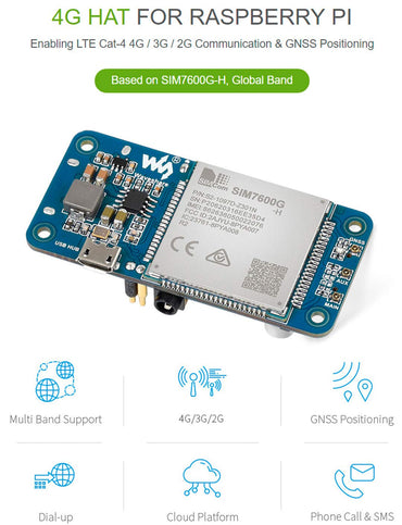 SIM7600G-H 4G HAT Module for Raspberry Pi and PC,Support LTE Cat-4 4G 3G 2G Communication and GNSS Positioning,Global Band,up to 50Mbps Uplink, 150Mbps Downlink