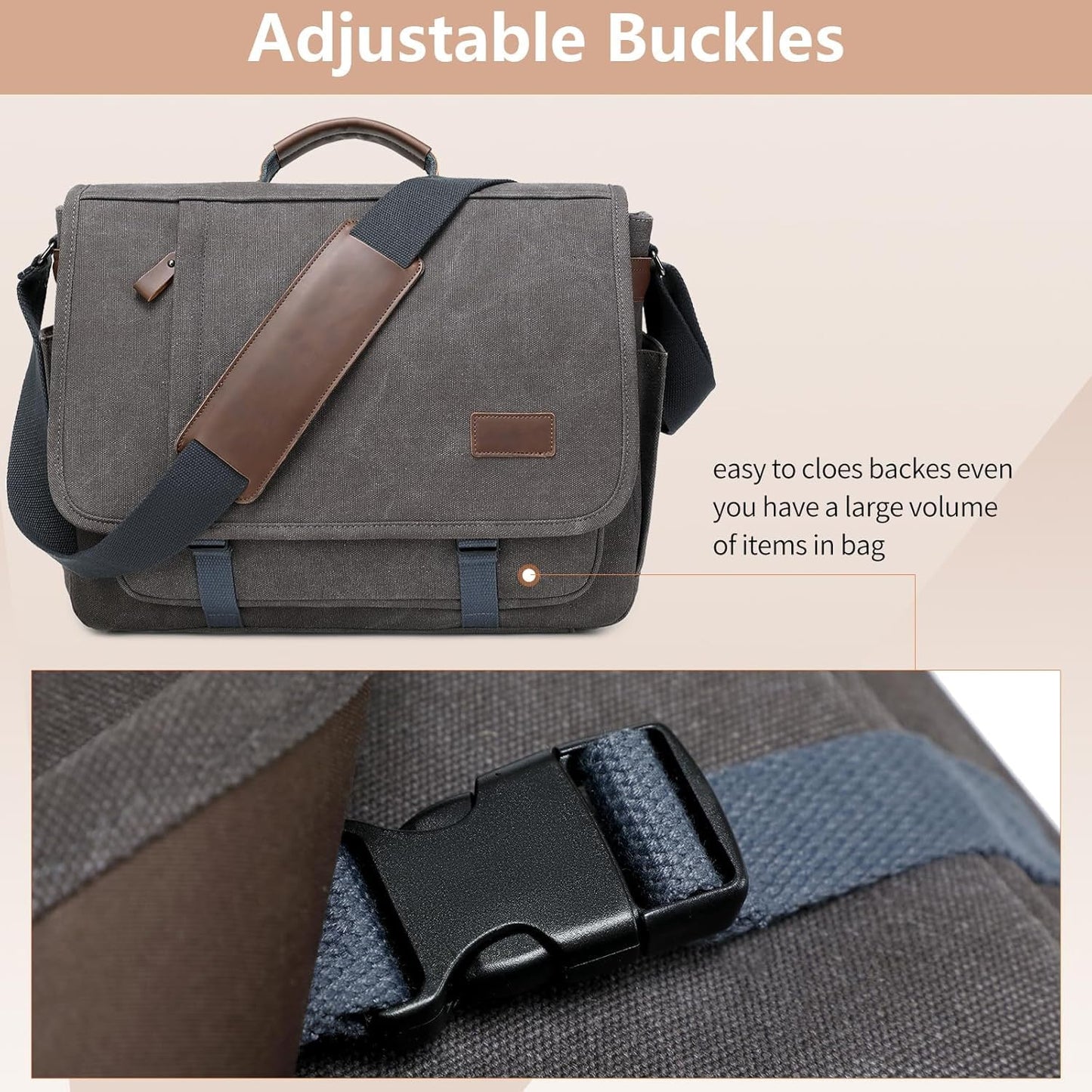 PPOBOW Canvas Messenger Bag for Men Waterproof Business Bags for Men Vintage Canvas Laptop Bag (Grey)