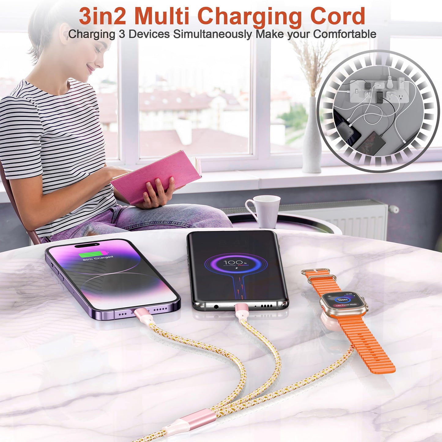 Multi Charging Cable for Apple Watch Charger,6ft iPhone Watch 3 in 1 Charging Cable,USB A/C to Type C/Lightning Cable for iWatch Ultra/SE/10-2,iPhone 16-5s,iPad,Android Phones