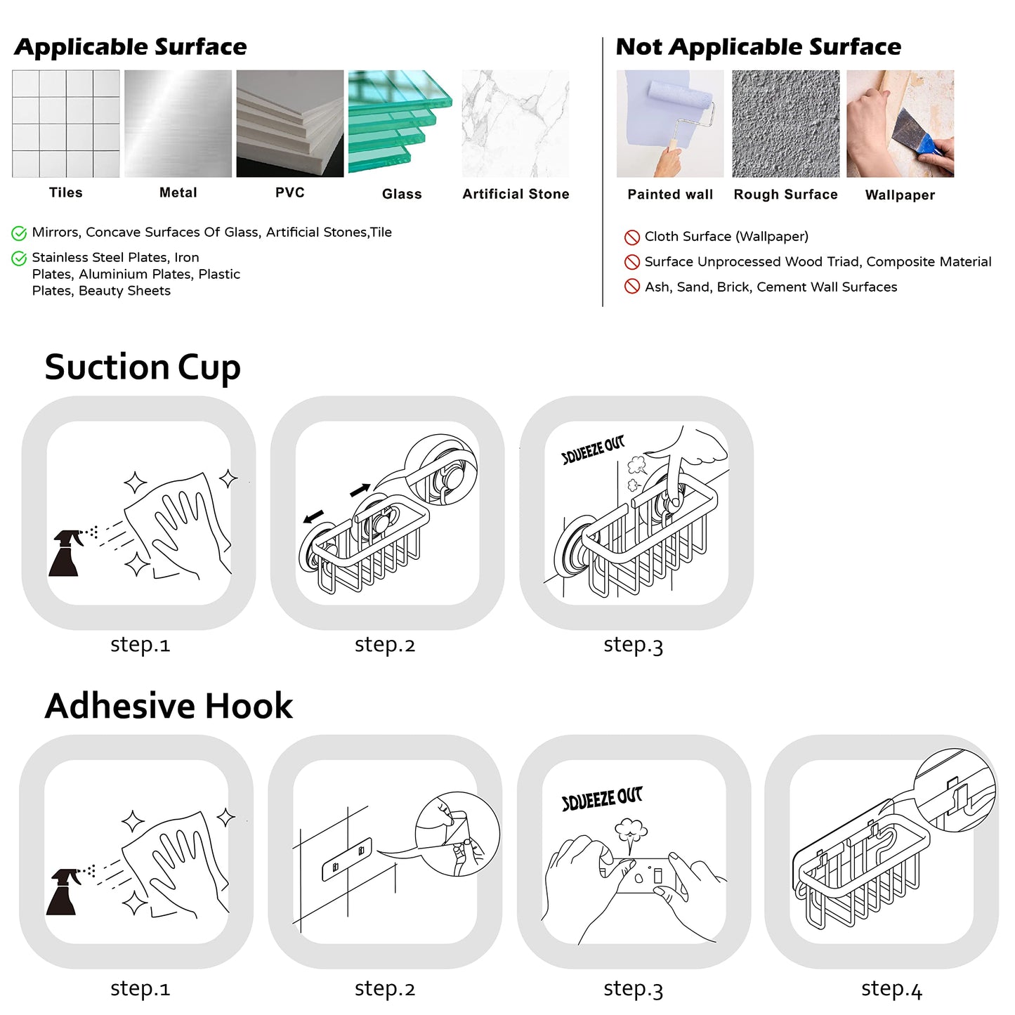 SunnyPoint NeverRust Kitchen & Bathroom Sink Caddy for Sponges, Scrubbers, Soap, 6" x 2.5" x 2.65", with Adhesive Mount - Additional Suction Cup Included -Aluminum (Black)