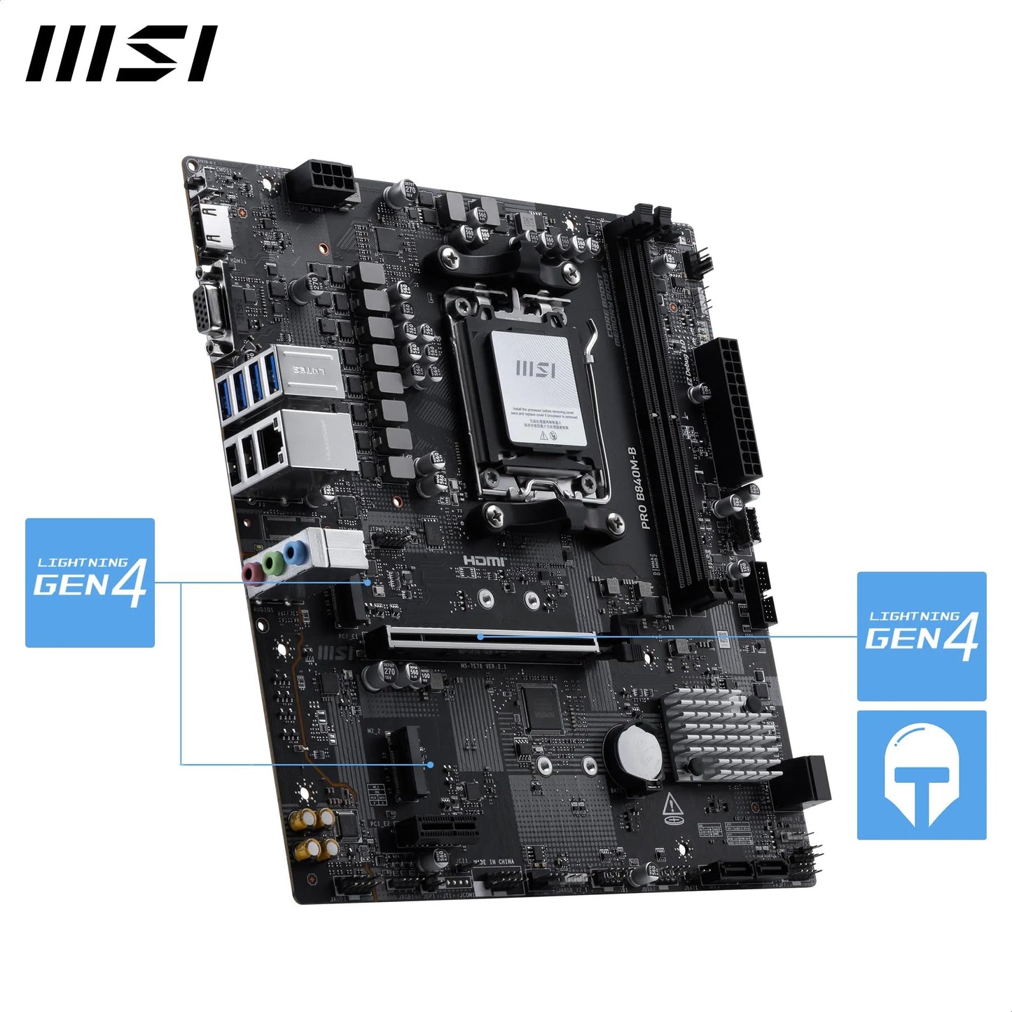 MSI PRO B840M-B Motherboard, mATX - Supports AMD Ryzen 9000/8000 / 7000 Processors, AM5 - DDR5 Memory Boost (8000+ MT/s OC), PCIe 4.0 x16, M.2 Gen4, 2.5G LAN