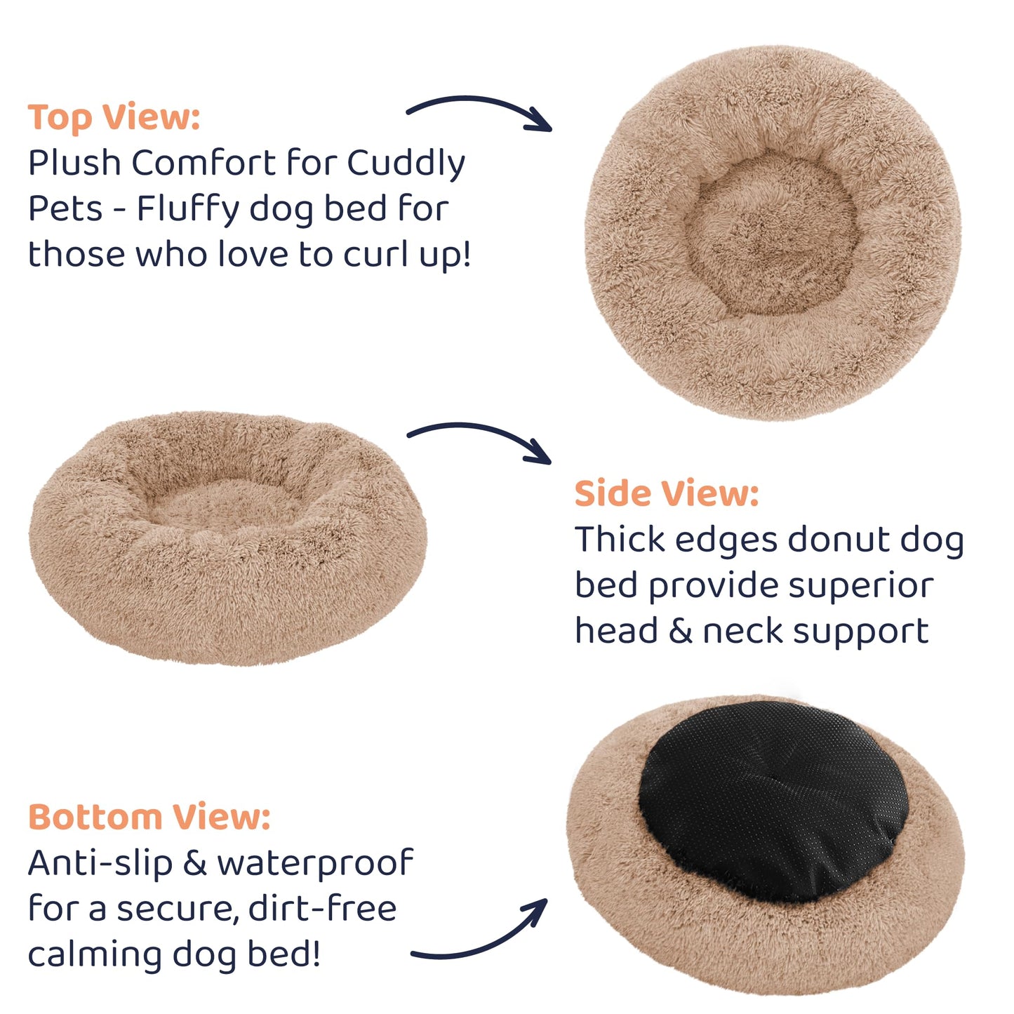 Petloox Donut Dog Bed - Premium Comfort for Anxiety Relief - Fluffy & Calming Design with Ultra-Plush Support | Cozy Round Dog Bed with Super Soft Circle Style (Size M Camel)