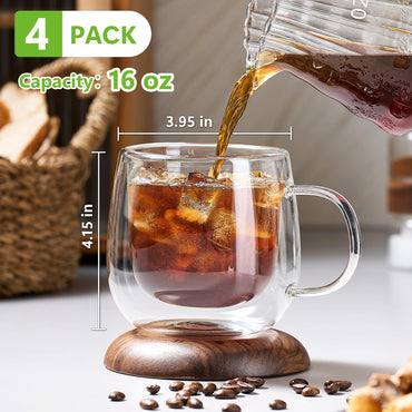 Pludyat 4 Pack Double Walled Glass Coffee Mugs, 16 oz Large Insulated Clear Coffee Cups with Handle, Cappuccino Mug for Espresso, Latte, Americano, Tea Bag, Beverage, Heat & Cold Resistant