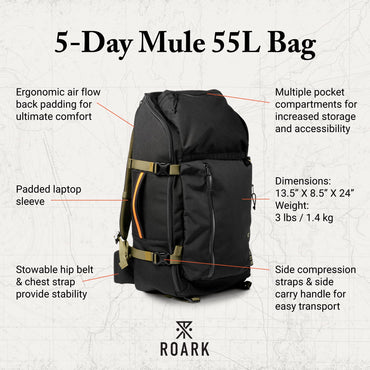 Roark 5 Day Mule 55L Rucksack, Mehrtages-Reiserucksack mit Laptopfach, Schwarz