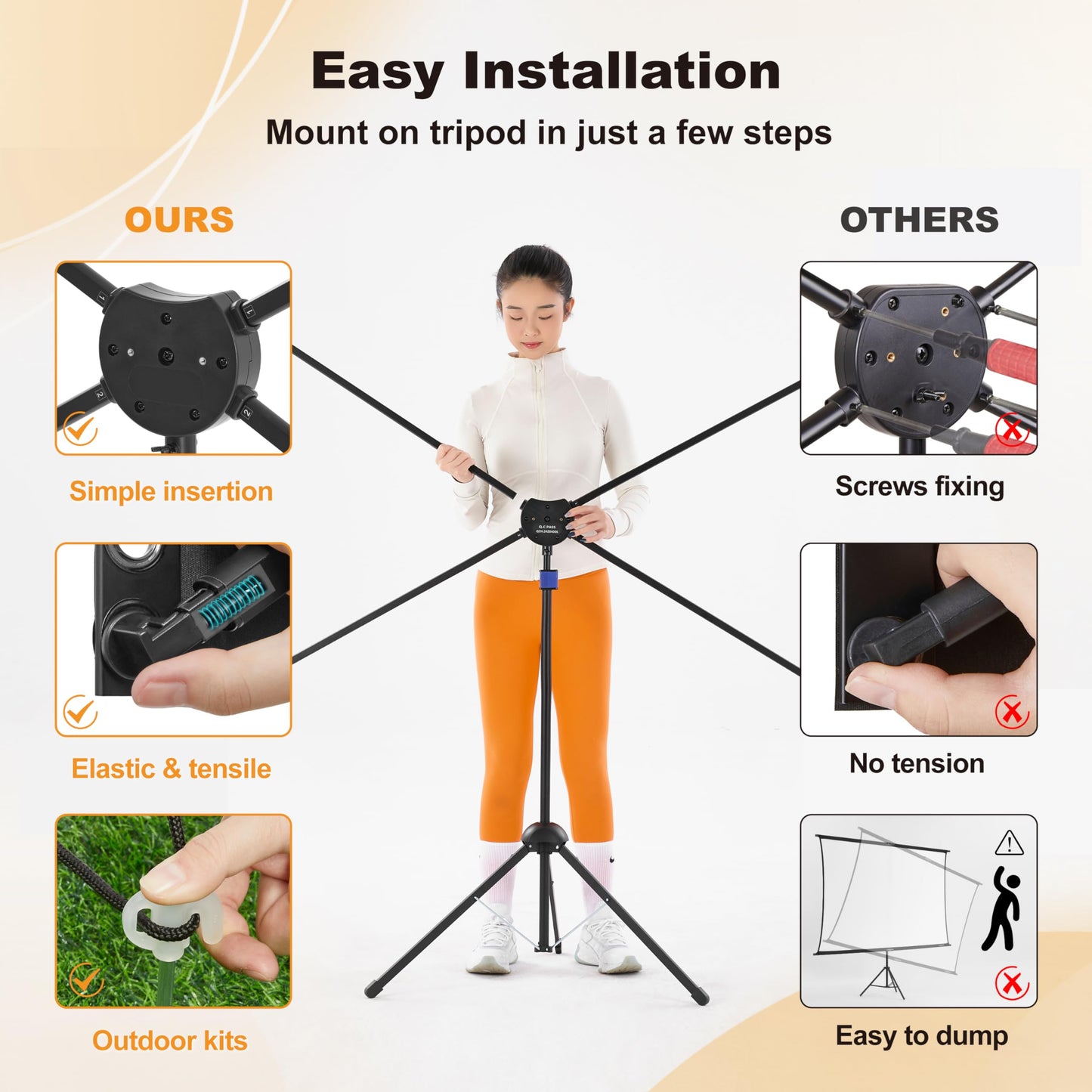 Outdoor-Leinwand, 100 Zoll, 16:9, hohe Verstärkung, mit Ständer, windbeständiges Design für den mobilen Einsatz im Freien, inklusive Seilen und Heringen, 4K-Bildqualität für Heimkino und Camping