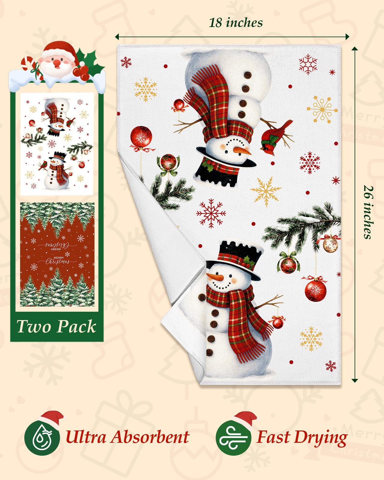 Miss Adola Weihnachts-Küchenhandtücher – Weihnachtliches Design, 45 x 65 cm, saugfähige Mikrofaser-Geschirrtücher (2 Stück) für die Küche, niedliche Weihnachtsmotive mit Weihnachtsbaum und Schneemann, ideal zum Dekorieren, Verschenken und Einweihen.