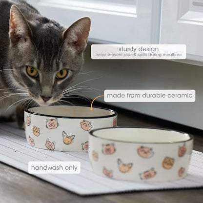 Pearhead Ceramic Bowl, Holds 2 Cups, Cute Whisker-Friendly Dish with Cat Face Design, Non-Slip, Microwave and Dishwasher Safe, Small/Medium