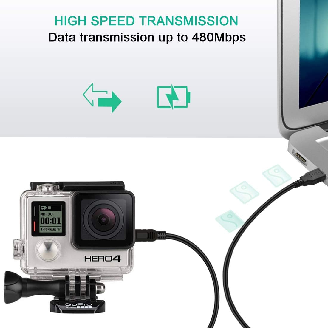 Mini USB Cable for GoPro Hero 4, 3, 2, 1-3ft Camera Data Sync and Charging Cord, USB A to Mini B Fast Charger Cord for Gopro Hero 3+ Silver Black White