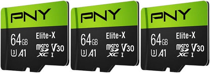 PNY 64GB Elite-X Class 10 U3 V30 microSDXC Flash Memory Card, 3 Count (Pack of 1) - 100MB/s, Class 10, U3, V30, A1, 4K UHD, Full HD, UHS-I, Micro SD