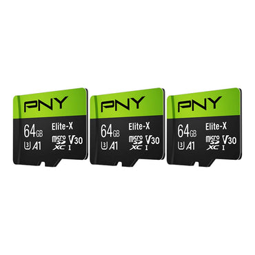 PNY 64 GB Elite-X Class 10 U3 V30 microSDXC-Speicherkarte, 3 Stück (1 Packung) – 100 MB/s, Klasse 10, U3, V30, A1, 4K UHD, Full HD, UHS-I, Micro SD