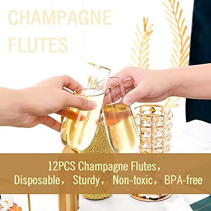 N9R 12PCS Plastic Champagne Flutes, 9 oz Stemless Disposable Gold Rim Toasting Glasses, Crystal Clear Cocktail Cups Drinkware Shatterproof Ideal for Party Wedding Birthday