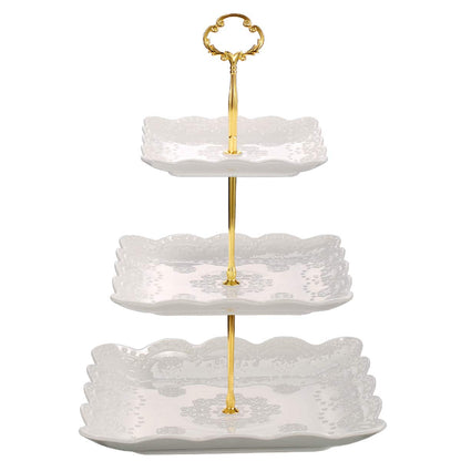 Sumerflos 3 Tier Porcelain Cupcake Stand, Tiered Serving Cake Stand, Square White Embossed Dessert Stand, Weddings Parties Pastry Serving Tray