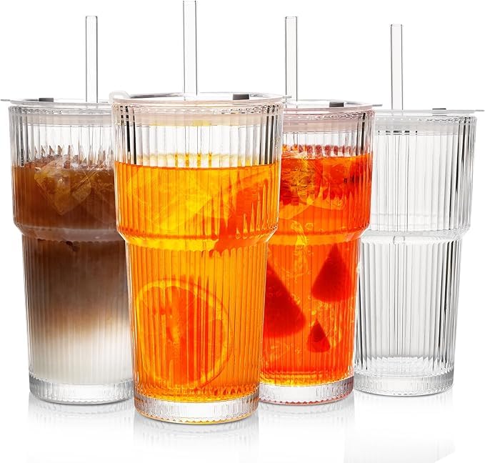 Snextek 20oz Glass Tumblers with Lids and Glass Straws, Thickened for Iced Coffee, Smoothies,Cocktails and Juices-Elegant Durable for Home, Office,Travel (Clear)