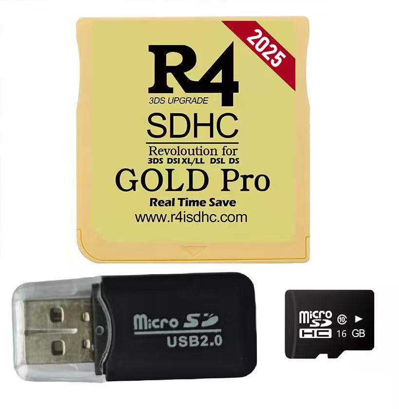 Pro-Version 16 GB Micro SDHC Dual Core Revolution Cartridge, kompatibel mit New 2DS/3DS/LL/XL NDSL NDSI, inklusive Kartenadapter, keine Zeitüberschreitung, vorinstalliert, Plug &amp; Play, Gold (Gold)
